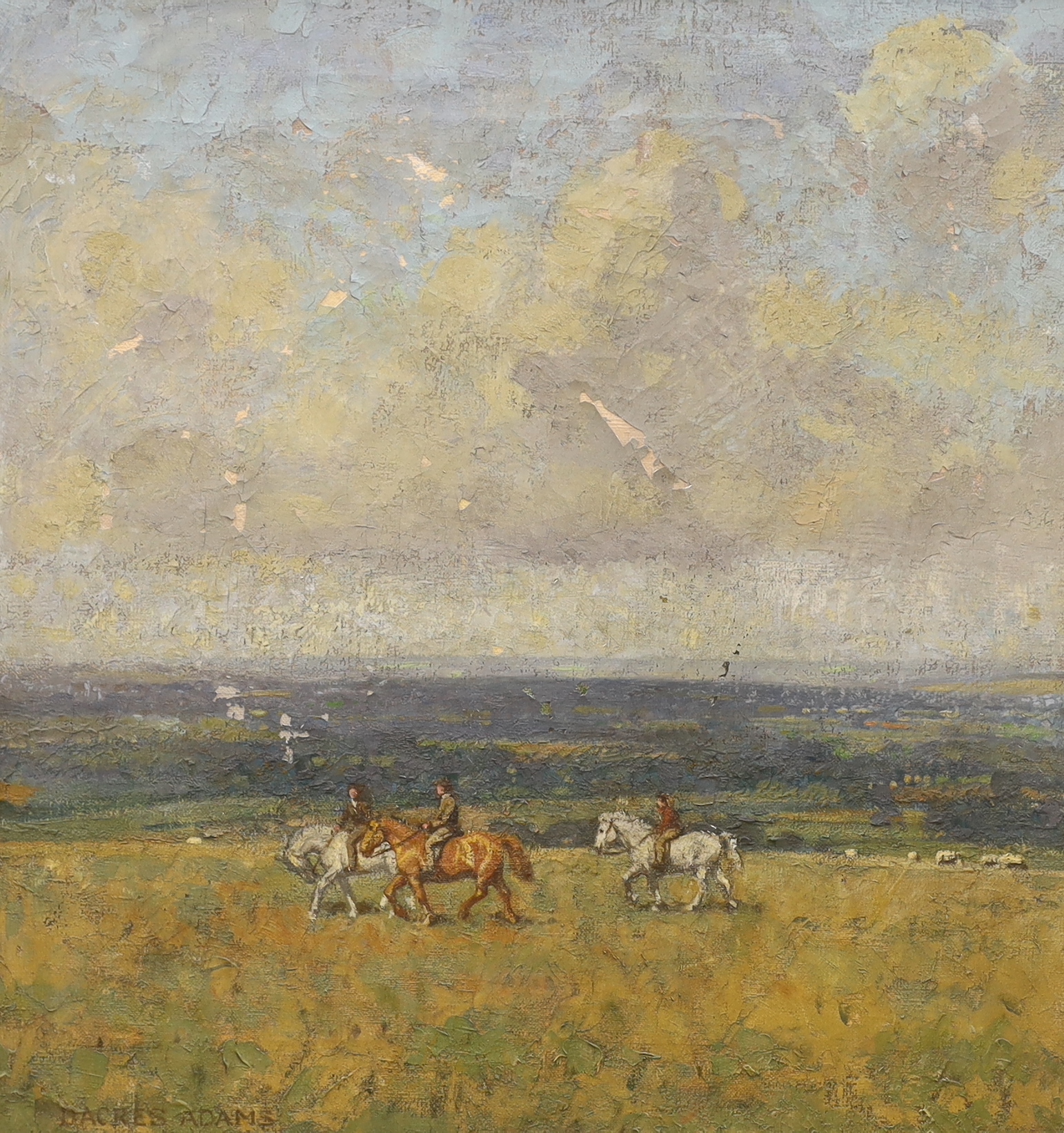 William Dacres Adams (1864-1951) oil on canvas, three horse and riders overlooking South Downs, possibly from Mount Harry and Black Cap, Lewes, signed, 48 x 45cm